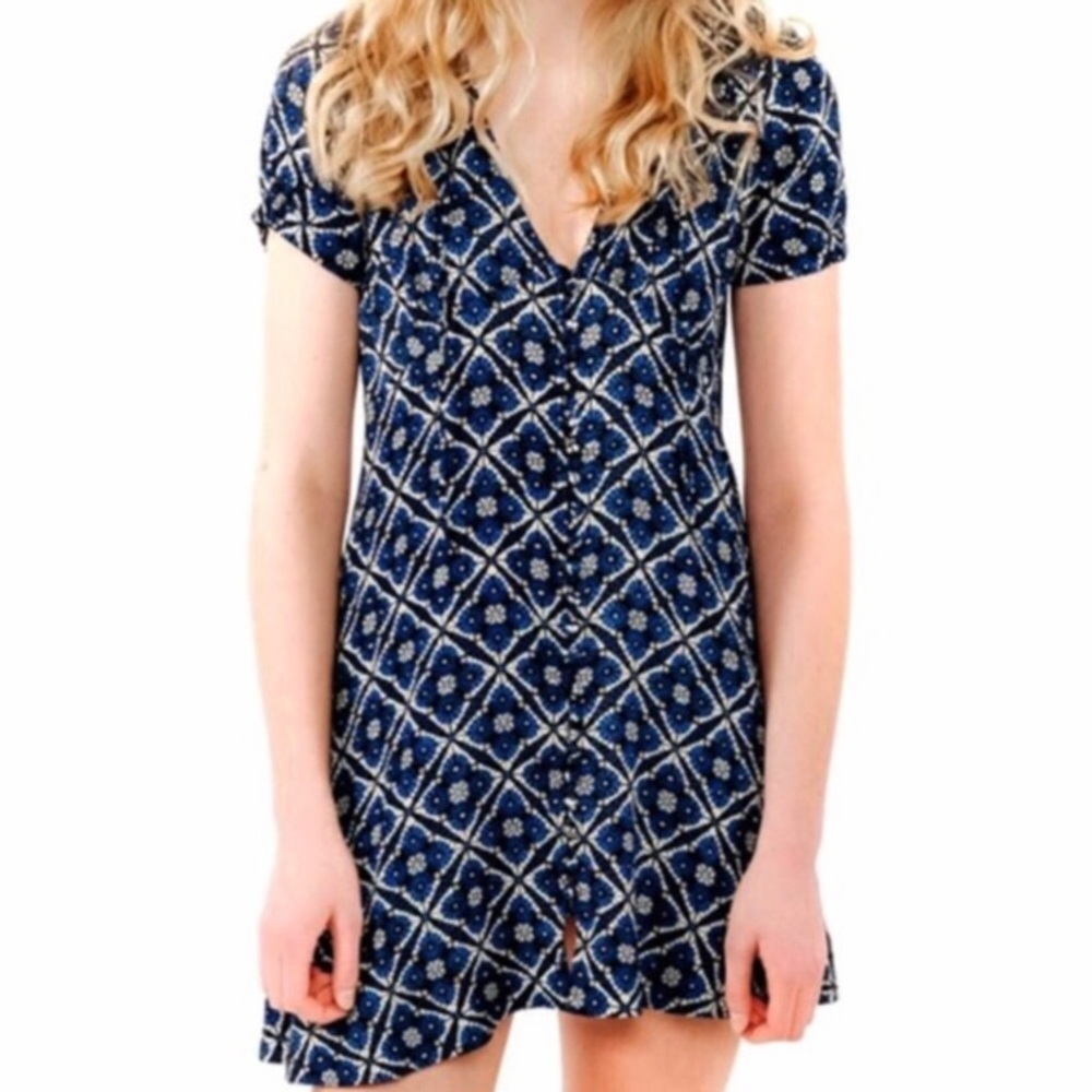 Free people Melody Button Down Mini Blue Melody Geometric Pattern Dress Size 10